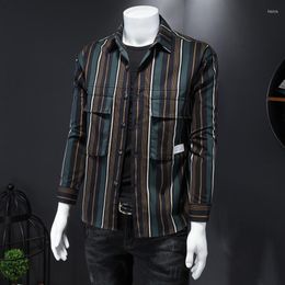 Men's Casual Shirts Striped Mens Shirt Slim Fit Single Breasted Tops Male British Style Turn-Down Collar Pockets Spring Long Sleeve