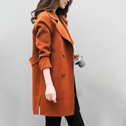 Women's Wool & Blends Coat Winter/Autumn 2023 Solid Colour Lapel Double-breasted Woollen Midi Trench