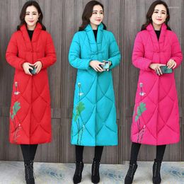Women's Trench Coats Winter Jacket Casual Long Printed Warm Down Cotton Jackets Ethnic Style Women's Clothes Plus Size Parka Overcoat