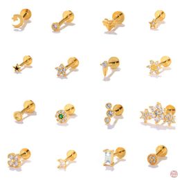 Stud 1PC Labret Threaded Stud Cartilage Tragus Earring 925 Sterling Silver Piercing Earring Flat Back Earrings 18K Yellow Gold Plated