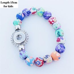 Bangle 12 Pcs/lot Multicolor Flower Polymer Fimo Clay Beads Bracelet 12mm Snap Button Kids Girls Stretch Wristband Jewelry Wholesale