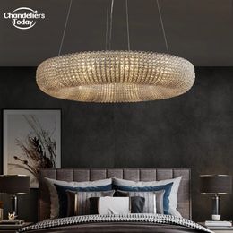 Crystal Halo Round LED Chandeliers Clear Smoke Crystal Beaded Ring Hanging Light Fixture for Living Room Bedroom Dining Room Ceiling Lamps