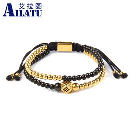 Bracelets Ailatu Luxury Irregular Geometric Faced CZ Rivet Braiding Bracelets With Double Roll Stainless Steel Beads Top Quality
