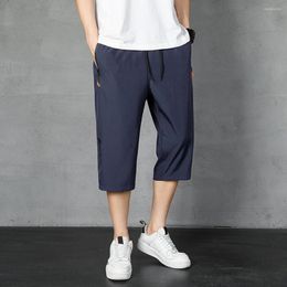 Men's Shorts Trendy Beach Pants Mid-rise Drawstring Pockets Cropped Elastic Waistband Men Ice Silk Loose Fit Daily Garment