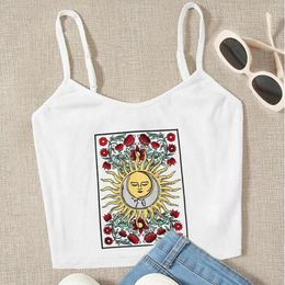 Women's Tanks Women's Tops Plus Size Crop Top Funny Retro Rose Sun Printing Tank Sexy Sleeveless V-neck Sling Vest Camisole Streetwear