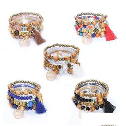 Beaded Bohemian Tassel Bracelet Wood Beads Pendant Bracelets 4Pcs/Set Drop Delivery Jewelry Dhhw4