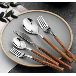 Dinnerware Sets Silver Set Wooden Handle Dinner Knife Stainless Steel Tableware Fork Coffee Spoon Dishwash Cutlery Dessert