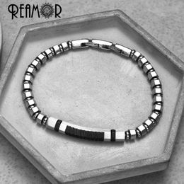 Bracelets REAMOR New Adjustable Men Bracelets Black Matte Stainless Steel Bracelet Silver Color Natural Hematite Bangles Detachable Clasp