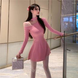 Casual Dresses Sexy Strapless For Women Party 2023 Spring Long Sleeve Halter Mini A-line Dress Black Pink Lady's Off Shoulder