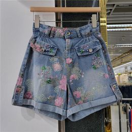 Women's Jeans Floral Printed Denim Shorts Women's Summer Clothes 2023 Design Sense Straight Loose Rhinestone Beaded Fashion Street