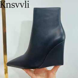 Stivali a cuneo puntato a cuneo stivali caviglia donne vera pelle stivali moderni bianchi neri scarpe da corsa ad alto tallone stivali corti donna x230523