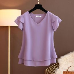 Women's Blouses Commuter Elegant Solid Color Loose Shirt For Female Summer Fashion Casual Purple V-Neck Short Sleeve Women Clothing A26