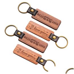 Keychains Lanyards Personalised Leather Keychain Pendant Beech Wood Carving Lage Decoration Key Ring Diy Thanksgiving Holiday Gift Dhv2Y