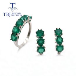 Sets TBJ Natural green agate round 5.0mm ring earrings jewelry set 925 sterling silver simple everyday women's fine jewelry