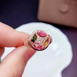 Cluster Rings Fashion Candy Colour Tourmaline Gemstone Ring For Women Ornament Flower Style Natural Gem Real 925 Silver Girl Gift