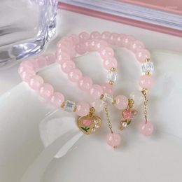 Charm Bracelets Sweet Pink Cystal Beads Flower Bracelet For Women Girls Feamel Handmade Elastic Rope Heart Jewelry Fashion Party Gift