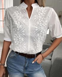 Women's Blouses Eleon Lady's Tunic Top With Floral. Pattern And Circular Hole. Embryos Half-Sleeve Lapel.