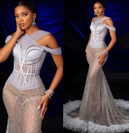 2023 May Aso Ebi Silver Mermaid Prom Dress Sequined Lace Sexy Evening Formal Party Second Reception Birthday Engagement Gowns Dress Robe De Soiree ZJ195