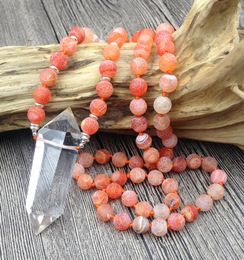 Necklaces YA2618 Natural Clear Quartz Double Point Pendant Orange Dragon Ven Agat 8mm Stone Beads Knot Necklace 30inch long