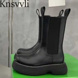 Boots Thick Sole Chelsea Boots Women Round Toe Genuine Leather Mid Calf Boots British Style Shoes Flat Platform Short Boots Woman X230523