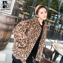 Women's Fur & Faux S-3XL Autumn Winter Woman Coat Leopard Pattern Brown Jacket With Pockets Synthetic Fashion Loose Sweet Warm