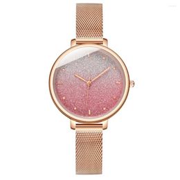 Wristwatches Fashion Pink Starry Sky Women Wrist Watches Mesh Belt Simple Rhinestone Designer Rose Gold Quartz Ladies Watch Gift Montre