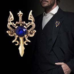 New Vintage Metal Dragon Sword Brooch Pin Animal Rhinestone Lapel Pins Men's Suit Shirt Badge Corsage Jewelry Accessories