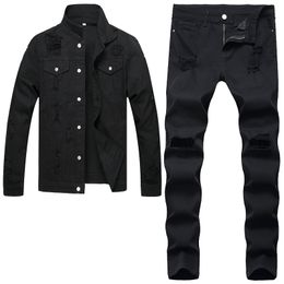 Solid Black Jacket Jeans Two Pieces Sets for Men Loose Ripped Hole Long Sleeve Denim Coat and Stretch Pants Casual Outfits