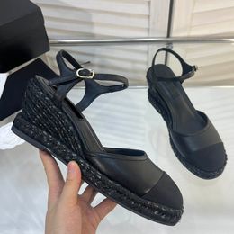 Womens Wedge Platform Heels Sandals Slingbacks Dress Shoes Hemp Rope Adjustable Ankle Buckle Wedding Shoe Ladies Quilted Texture Leisure Shoe With Dust Bag Slides