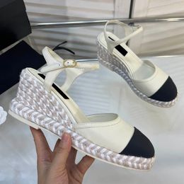 Womens Slingbacks Dress Shoes Hemp Rope Wedge Platform Heels Sandals Adjustable Ankle Buckle Wedding Shoe Ladies For Party Retro Black Quilted Texture Leisure Shoe