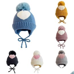 Beanie/Skull Caps Childrens Hat Beanie Jacquard Love Winter Warm Knitted Baby Hair Ball Ear Cap Drop Delivery Fashion Accessories Ha Dhgs3