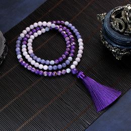 Necklaces 108 Women's Japamala Necklace Purple tassel Beaded Necklace Imperial stone Meditation Yoga Fountain Stock Female Jewellery