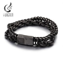 Bangle Fongten Double Layer Vintage Charm Viking Bracelet Stainless Steel Black Large Wave Link Chain Men Bracelets Jewelry