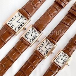 Top Fashion Quartz Watch Women Gold Silver Dial Sapphire Glass Black Brown Leather Strap Wristwatch Classic Must Rectangle Design Ladies Dress Clock 1532