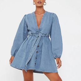 Women's Swimwear Long Sleeve Denim Women Puff Cardigan Big Swing Mini Dresses 2023 Autumn Winter Belted Elegant Office Ladies Vestido