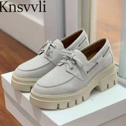 New Style Thick Sole Shoes Women Round Toe Lace Up British Style Shoes Female Cow Suede Loafers Flat Platform Shoes Woman X230523