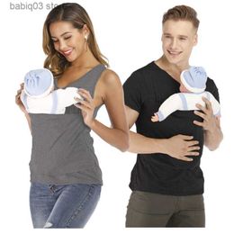 Maternity Tops Tees Safety Kangaroo Pocket T-Shirt Baby Carrier Pregnancy Clothes Summer Mother Father High Quality Feeding Nylon Cotton T Shirt T230523