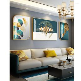 Frames Living Room Decoration Triptych Blue-Green Painting Crystal Porcelain Picture With Metal Frame Modern Luxury Sofa Background Wal