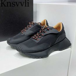 Thick Sole Sneakers Women Genuine Leather Patchwork Casual Shoes Lace Up Square Toe Running Shoes Flat Sports Shoes Woman X230523