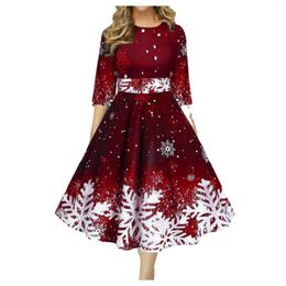Casual Dresses Three Quater Sleeves Christmas Dress Retro High Waist Swing Snowflake Printed Mid-length 2023 Winter For Women