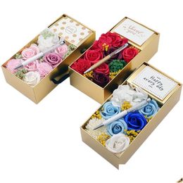 Party Favour Teachers Day Soap Flower Gift Box Fashion Everlasting Rose With Led Light And Ballpoint Pen Creative Gifts Drop Delivery Dh9Av