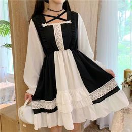 Casual Dresses Japanese Harajuku Kawaii Lolita Lace Dress Woman Elegant Fairycore Dark Aesthetic Goth Clothing Long Sleeve