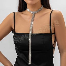 Sexy Luxury Shiny Rhinestone Long Tassel Chest Chain Necklace for Women Wed Goth Crystal Choker Banquet Jewelry Y2K Accessories