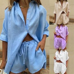 Women's Two Piece Pants Casual Womem Yellow Lounge Wear Summer Tracksuit Shorts Set Long Sleeve Shirt Tops And Mini Shorts Suit Two Piece Set 230522