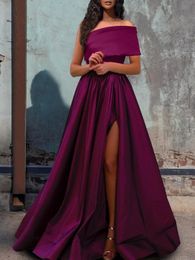 Elegant A-Line Grape Prom Party Dress 2023 Short Sleeve One Shoulder Satin with Pleats Slit Evening Formal Gowns Robe De Soiree Customed