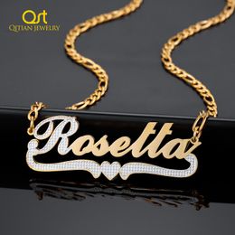 Necklaces Personalized Double Plate 3D Name Necklace with Heart Custom Two Tone Gold Plated Stainless Steel Necklace For Women Jewelry Gif