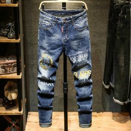 New Fashion Pants Men's Blue Letter Printing Elastic Small Straight Simple Personalised Embroidered Jeans P230522