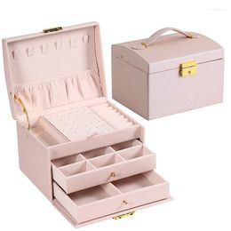 Jewelry Pouches Display Multi-functional Three-layer Leather Drawer Holder Waterproof Earrings Rings Necklace Lock Box