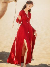 Casual Dresses Women Bohemian Red Midi Seashort Dress Long Sleeve Drawstring Pearl Split Femme Vestido Spring Summer Cotton Linen
