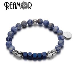 Bracelets REAMOR Natural Stone Beads Elastic Bracelet Men Starry Sky Blue Nebula Stainless steel skull Charms Bracelets Bangles Jewellery